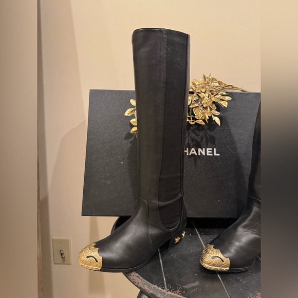 CHANEL Black Boots with Gold Toe Details - Picture 3 of 5